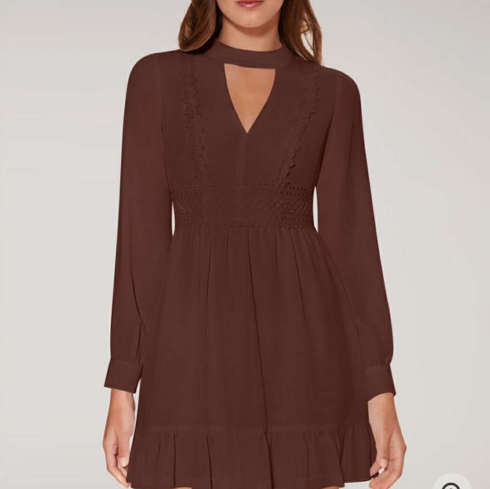 V neck mini brown dress